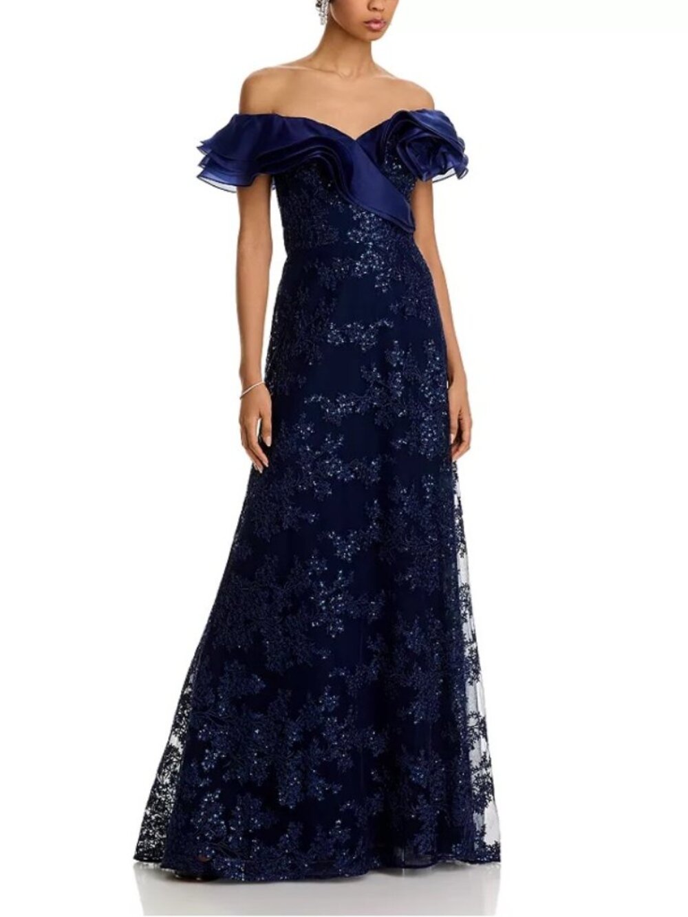 Off Shoulder Sequin Embroidered Tulle Gown